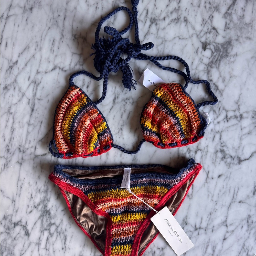 Anna Kosturova Marsala Striped Multicolor Crochet Triangle Bikini - Navy Trim